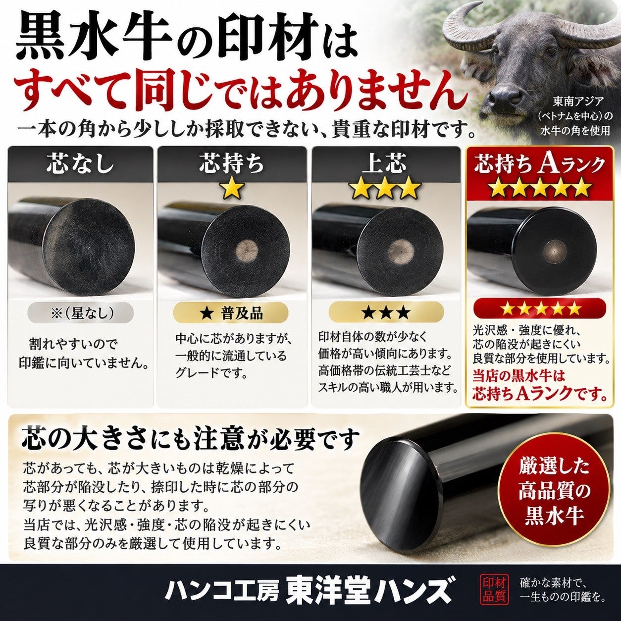 芯持ち黒水牛（10.5×60mm） | ハンコ工房 東洋堂ハンズ | 個人印500円